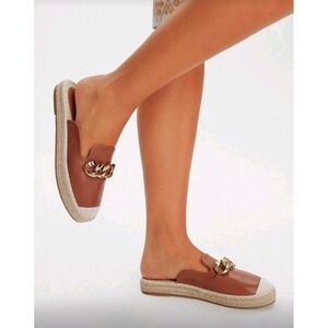Women's Brown Chain Detail Espadrille Mules Slip On Flats Size 6.5